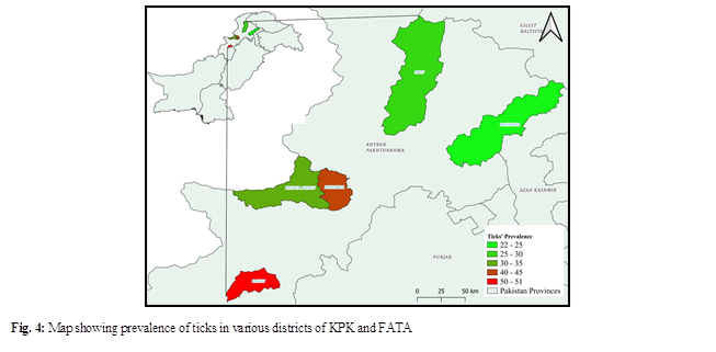  

Fig. 4: Map showing prevalence of ticks in various districts of KPK and FATA
